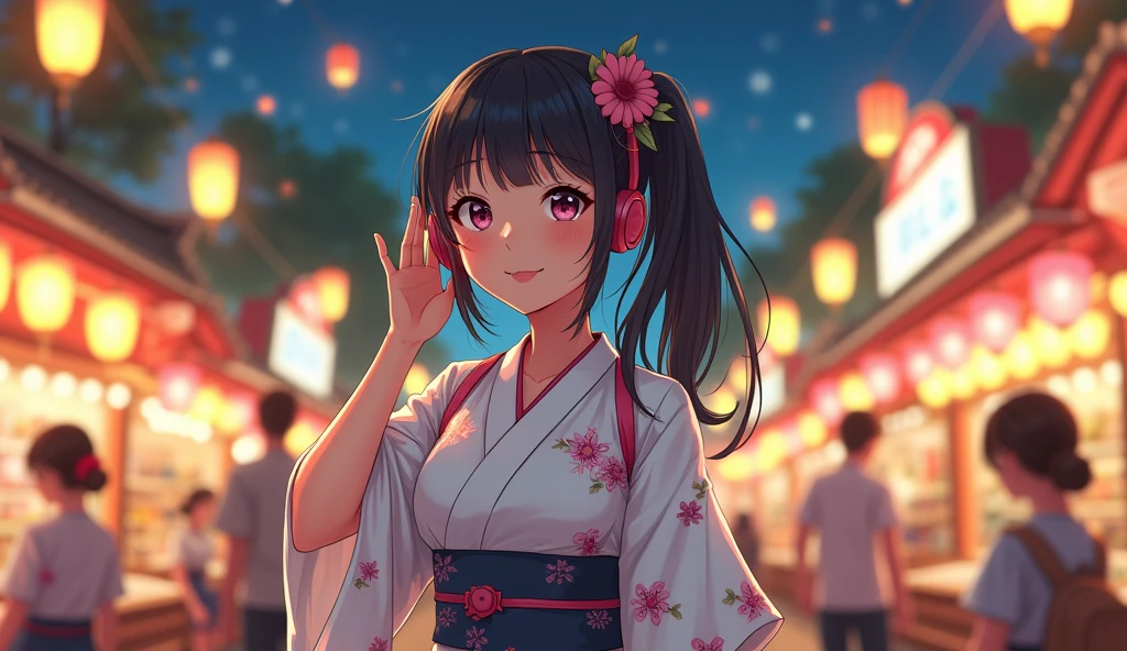 Perfect image, 8k、summer、night、high school girl、Mature、White yukata、Big Breasts、looks fun、smile、Using headphones、festival、stall、 2D-style animation, Lo-Fi、Retro、Emotional、Anime style illustrations