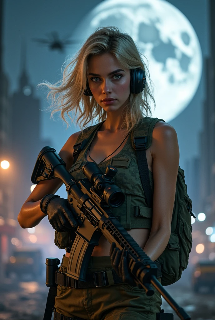 Realistic、Realistic、Realistic skin texture、Photo quality、High resolution、High resolution、Beautiful Arabian Girl、The upper body is wearing a camouflage bra top..、Manhattan night view、1 very beautiful female soldier、Carrying a military backpack、Wearing a bulletproof vest、Aiming an automatic rifle、Realisticなスナイパーライフルを構えた状態、Blond medium-long hair blowing in the wind、Wearing an intercom headset、Young Face、Military helicopter flies in the sky、The background is a skyscraper district、smoky battlefield、The background is the night sky、Huge full moon in the center of the sky、The person is a full-body angle、Observe the audience