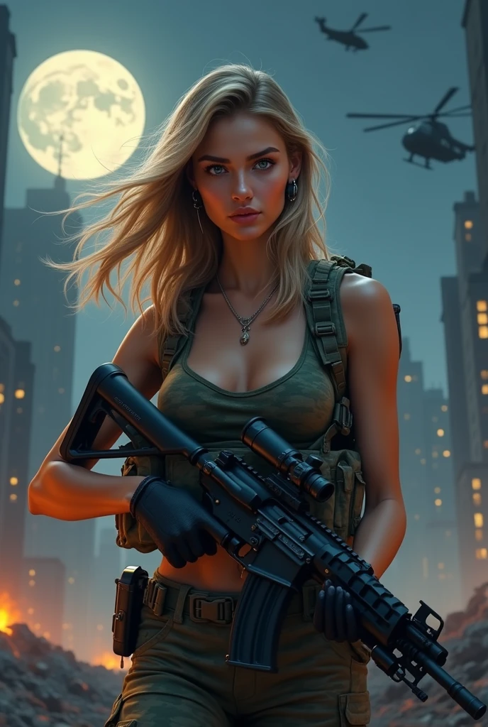 Realistic、Realistic、Realistic skin texture、Photo quality、High resolution、High resolution、Beautiful Arabian Girl、The upper body is wearing a camouflage bra top..、Manhattan night view、1 very beautiful female soldier、Carrying a military backpack、Wearing a bulletproof vest、Aiming an automatic rifle、Realisticなスナイパーライフルを構えた状態、Blond medium-long hair blowing in the wind、Wearing an intercom headset、Young Face、Military helicopter flies in the sky、The background is a skyscraper district、smoky battlefield、The background is the night sky、Huge full moon in the center of the sky、The person is a full-body angle、Observe the audience