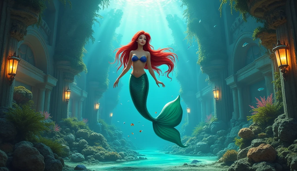 Mermaid Ariel, swimming through a museum in the imaginary kingdom of Atlantis that shows a little about the creatures of the sea