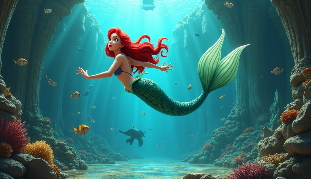Mermaid Ariel, swimming through a museum in the imaginary kingdom of Atlantis that shows a little about the creatures of the sea