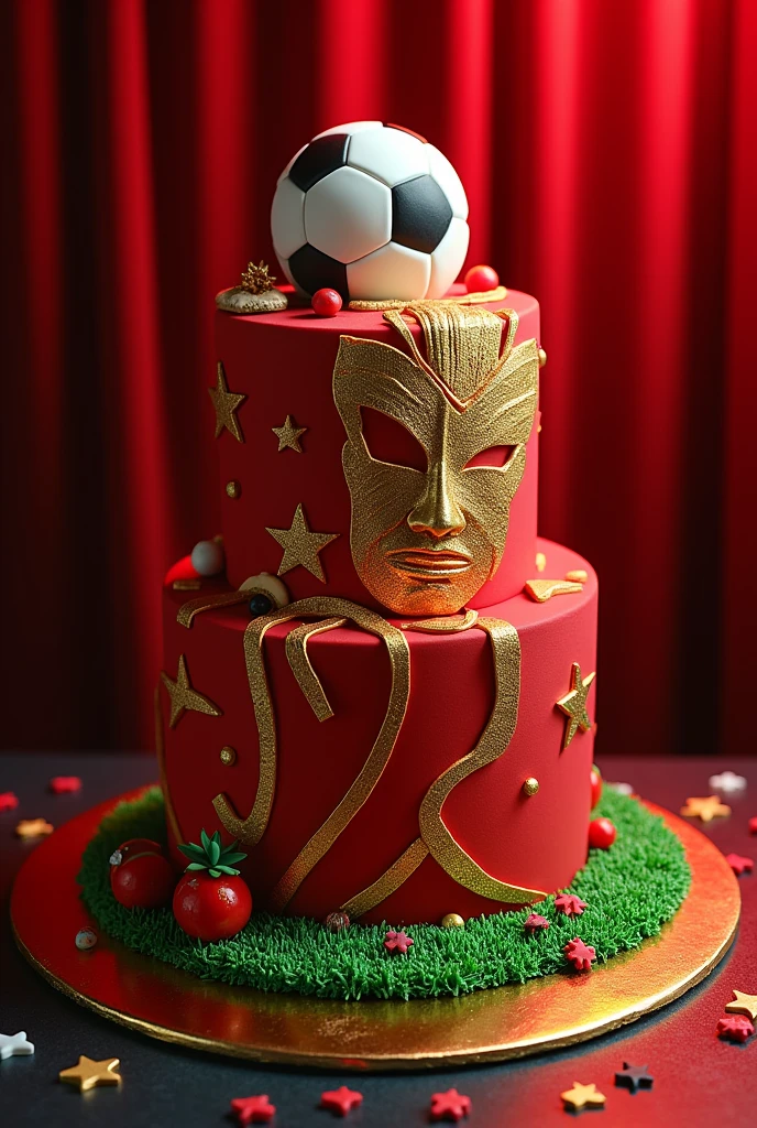 Could you make me a one-tier cake with a combination of soccer and theater please with gold and red plus soccer? 