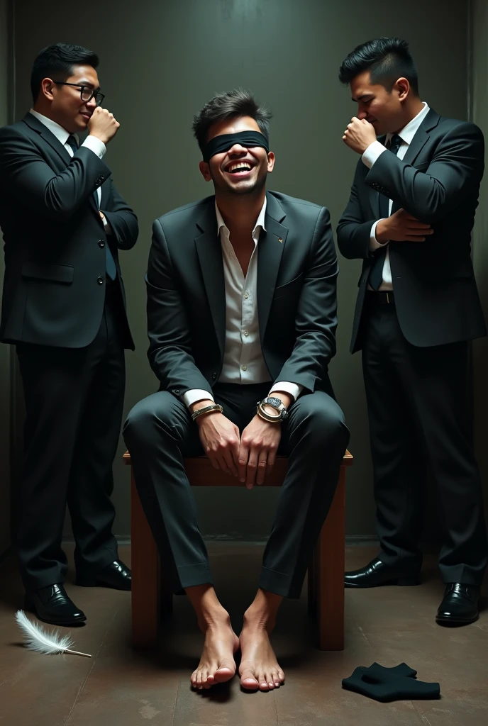 Handsome malay Zarul 20years lawyer
1 man Rub his feet
He laugh
Focus 5toefeet
Shoeless
Hand Handcuff wooden chair
blindfolded
feather on floor
Pair of Blacksock on floor
2 mafia pinch their nose
