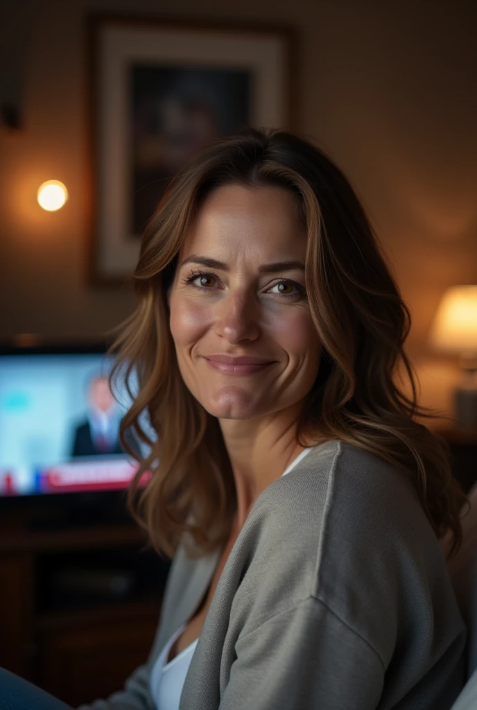 L'image d'une femme caucasienne qui a entre 30 ans et 40 ans, regardant la caméra, en gros plan. Une télévision est allumée et visible en arrière-plan, montrant le journal télévisé de 20 heures sur la chaîne de télévision française France 2. La femme sourit légèrement. Il fait nuit, dans la pièce, la lumière est douce et les couleurs sont chaudes.