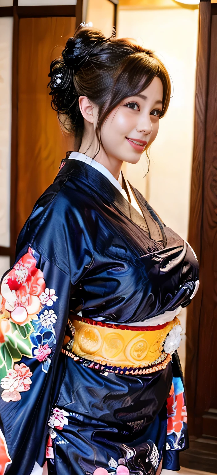 The most beautiful moms in Japan(Huge)、wear Kimono、Traditional Japanese room、Huge breasts that are too big and saggy、January、With a smile、New Year Greetings, Very lewd face and bigger breasts:1.95、((Updo:1.35))