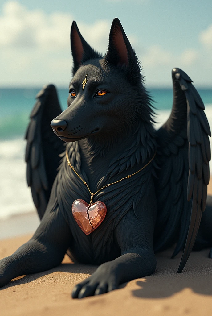 Black Siberian Husky wolf with wings lying on a beach.
Brown eyes and sad look.
A seal of a small sun on the forehead.
And a little broken glass heart in my chest .
tatoo