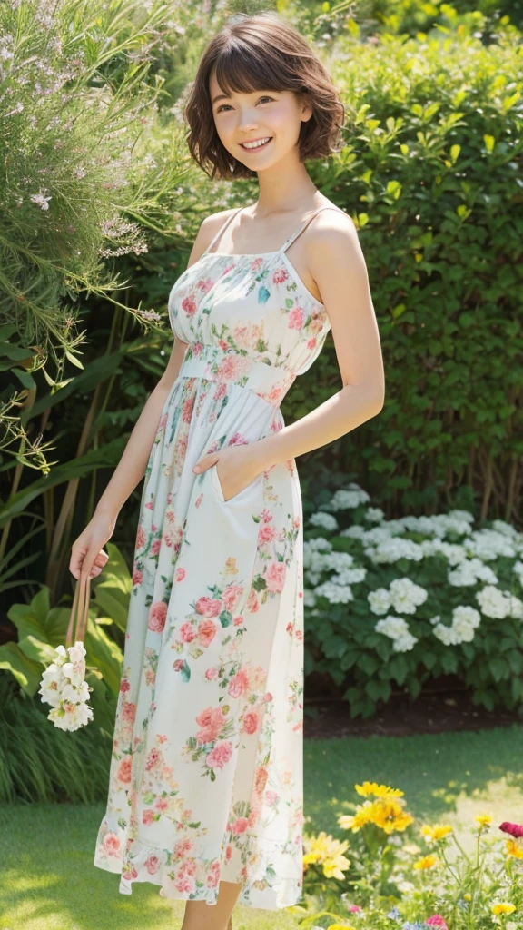 masterpiece, Highest quality, Absurd, Perfect Anatomy, One girl, alone, PascalTales, short hair, beautiful, Hilarious, sunny day, botanical garden, Summer winds, Sundress, Floral, Wavy Hair, smile