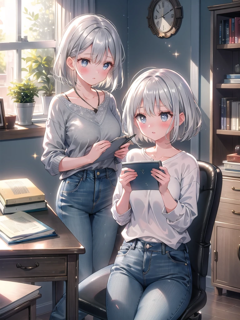 ((8k, Best Quality, Masterpiece: 1.3)), Ultra High Resolution, (One Girl, One Person), (Color Changing Eyes, Super Detailed, Expressive Sparkle, Sparkling, Glowing Eyes), Highly Detailed Eyes,In a sleek, modern study area, bathed in the afternoon light filtering through a window, a girl with short silver hair is seated at a desk, absorbed in her research. Her short silver hair, smooth and curling softly around her face, features bangs that rest lightly on her forehead. Her large gray eyes are sharply slanted, giving her a severe and commanding presence. Her expression is one of strict concentration, with a faint blush on her cheeks adding a slight hint of charm. She is dressed in a contemporary, casual outfit—such as a relaxed blouse and tailored jeans. As she diligently writes notes and references her study materials, the desk is organized with books and papers. The room's clean, minimalist decor and decorative plants enhance the serene and focused atmosphere.