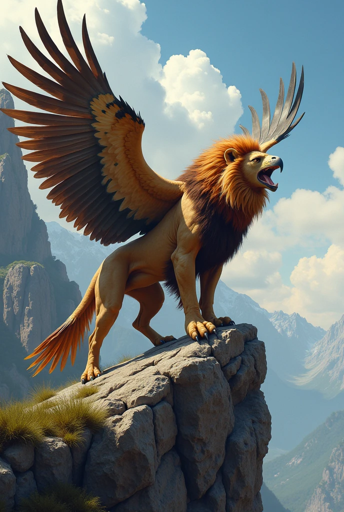 Imagine a creature that’s a blend of a lion and an eagle, combining the majesty of a lion's roar with the soaring grace of an eagle's flight. Describe its habitat, abilities, and how it interacts with other animals.