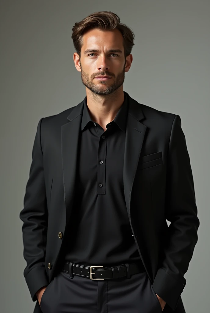 Create a clothing combination for a black polo shirt for men, with a combination with a jacket or coat as for the office full body image, polo shirt