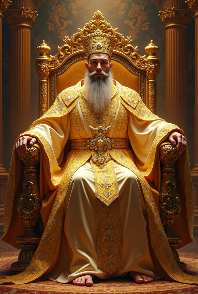Archetype of the charming emperor, with a lot of gold, sitting in the throne.