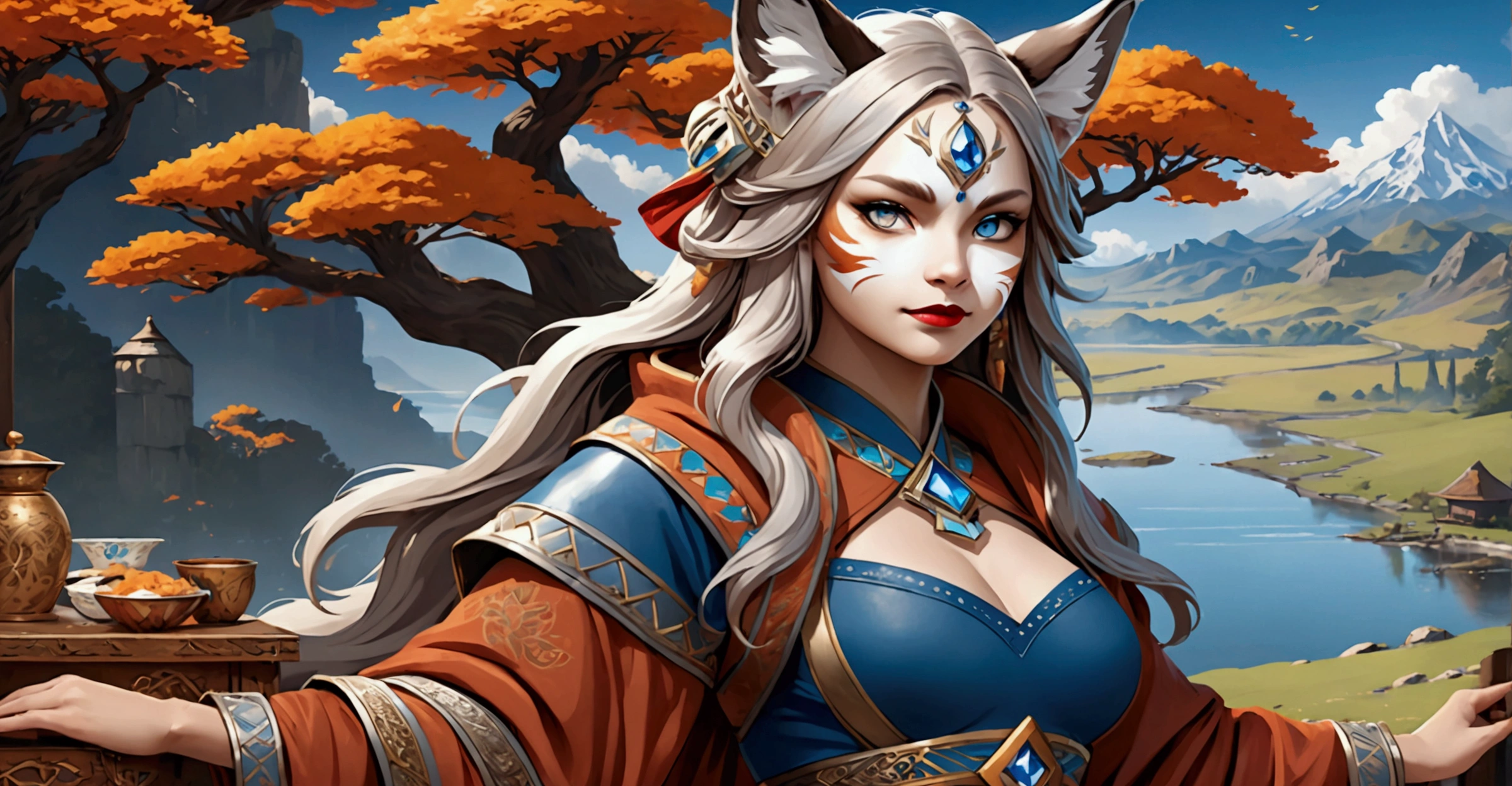 Anthropomorphic feminine kitsune enchantress. Official Art – An Award-Winning Digital Masterpiece In 4K Ultra HD, Extreme Detail And Intricate Realism. Symmetrical Face. This Concept Art Brought To Life By The Hands Of Artists Like Wlop & Artgerm In A Stunning 2D Vector Illustration. Background Is A Panoramic Vista.