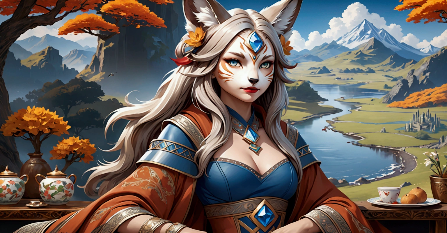 Anthropomorphic feminine kitsune enchantress. Official Art – An Award-Winning Digital Masterpiece In 4K Ultra HD, Extreme Detail And Intricate Realism. Symmetrical Face. This Concept Art Brought To Life By The Hands Of Artists Like Wlop & Artgerm In A Stunning 2D Vector Illustration. Background Is A Panoramic Vista.