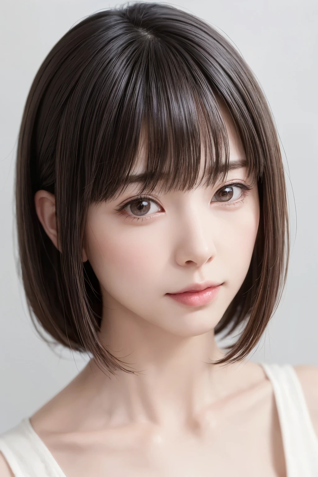 ((masterpiece, Highest quality, High resolution、Realisticですべてが美しく詳細に描かれている)), 1 person, (Realistic: 1.4), alone, White Background, snow-White Background, Mouth closed, smile, smile, Beautiful black hair, short hair, Big eyes, Transparent double eyelids, eyelash, Listen carefully, Long neck, 美しくLong neck, Absolute area, ((Face close-up)), (Draw the whole head, shoulder), 1, Attractive proportions, Glowing Skin, Beautiful clavicle, Golden ratio face, Perfect Face, Teardrop-shaped mole, chestのほくろ, bangs, clean bangs, beautiful bangs, Lip gloss, Thin lips, Fair skin, naked, Big Breasts, {Huge|big|Hugeな|Mega} chest:2, chestの谷間:2,chestの谷間を見せる、Small face, Small face, All the heads are painted, shoulder all drawn, Point slightly above the camera