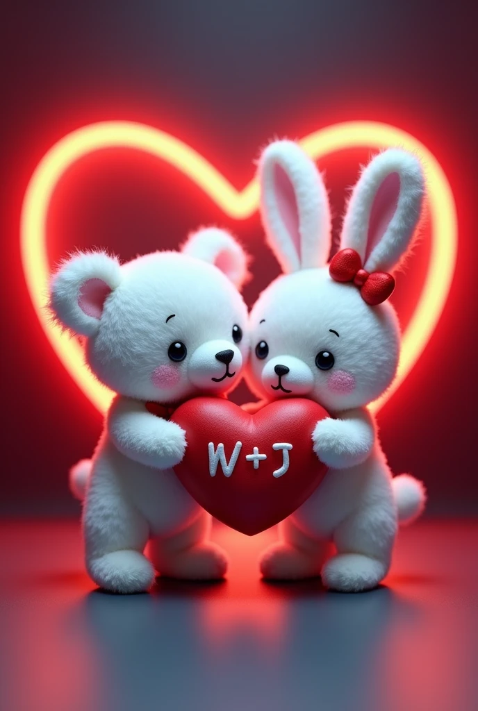 A 3D render of a white teddy bear and a white bunny rabbit wearing a red bow holding a red heart "W + J" written on it in Capital alphabets, are standing in a black beaded bracelet. The bracelet is sitting on a dark red and blue surface with a neon red heart shape in the background.  The image is in the style of a cute cartoon.