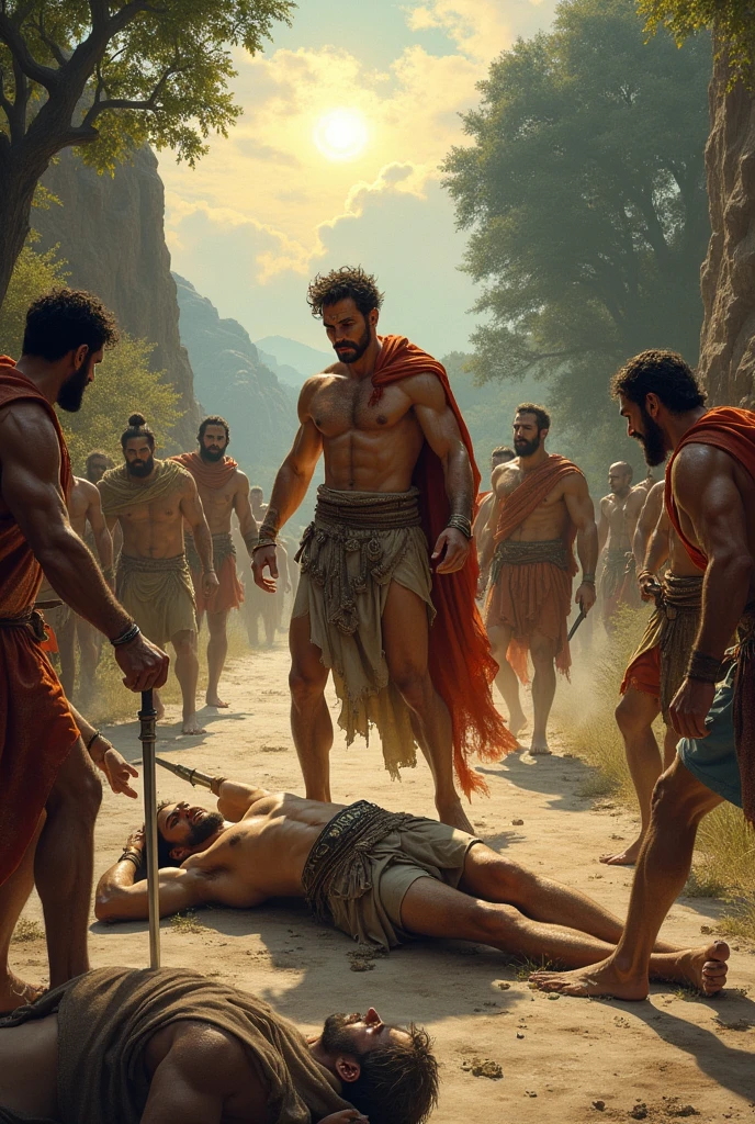 Oedipus finds himself in the middle of a road fighting against Laius and his subjects, Oedipus being victorious.
