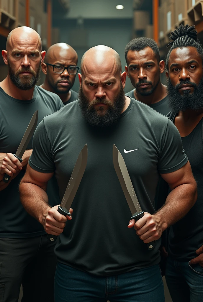 5 people looking at camera with knife in hand ,being 1 bald and bearded , second one with glasses beard and nike shirt, third a tall bald man with a Viking body, 40 years old ,the fourth a chubby bearded guy, quinto um mulato iqual will smit com cabelo nudreds, in the background of the image shelves and stock boxes