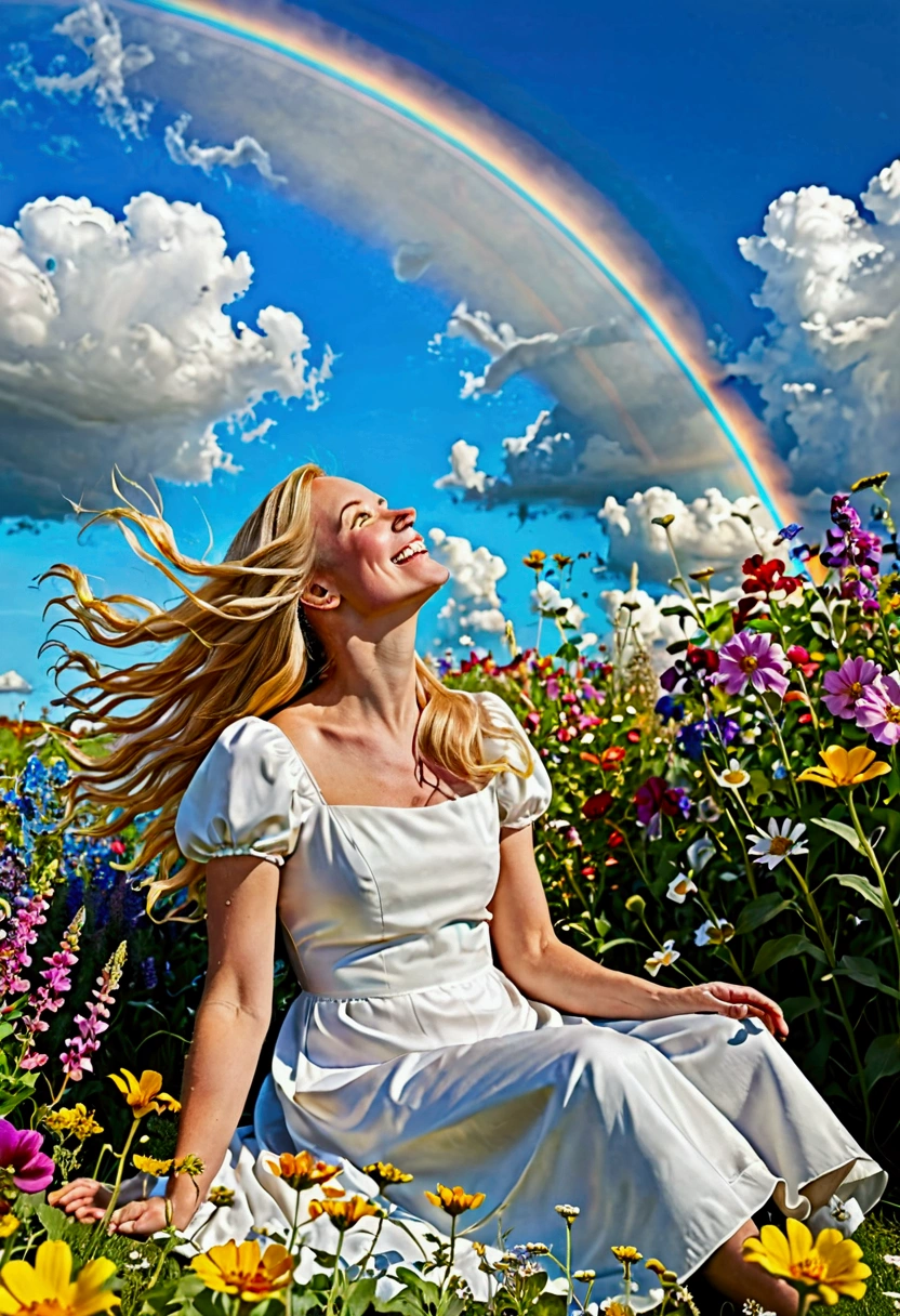 "Beauty in the sky: A woman with golden hair and a bright smile sits in a garden full of wild flowers under a sky blue sky. Her white dress flows in the wind, while she seems to be in communion with nature. A rainbow stretches from his head to the horizon, Illuminating the clouds with vibrant colors and further accentuating the beauty of the moment."
