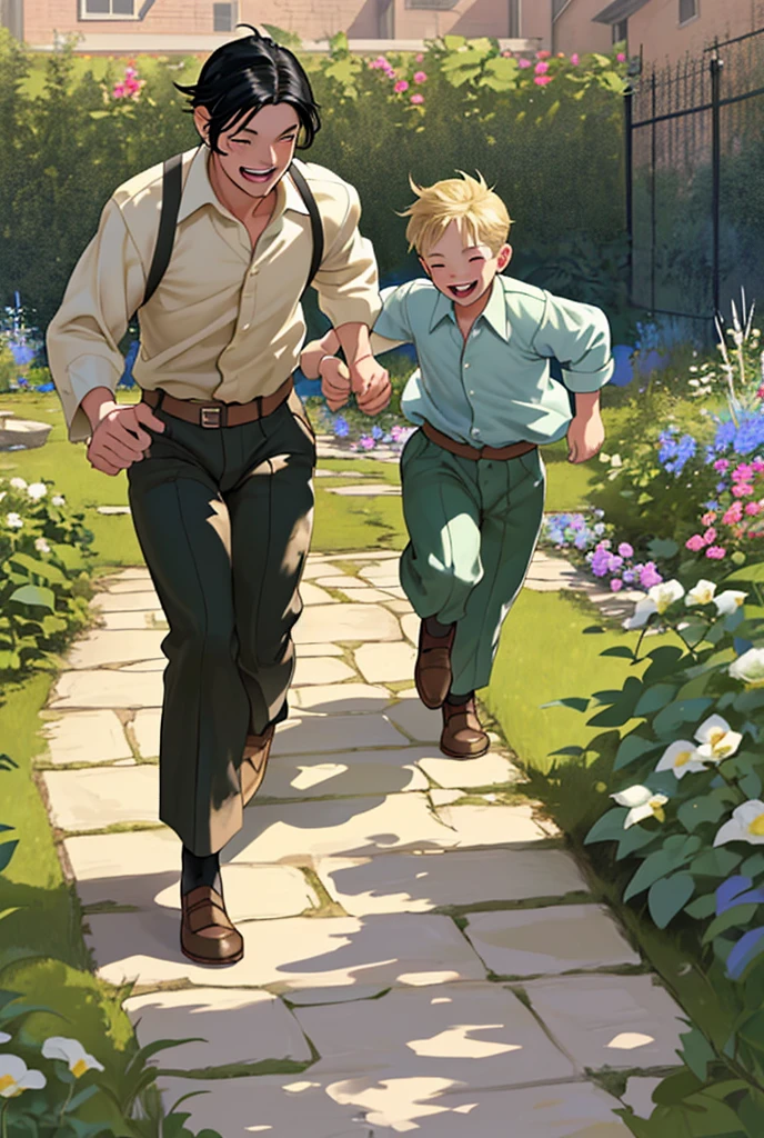 two children, boys, running in the garden in thirties clothes, playing and smiling, black hair, blond hair, tall, small