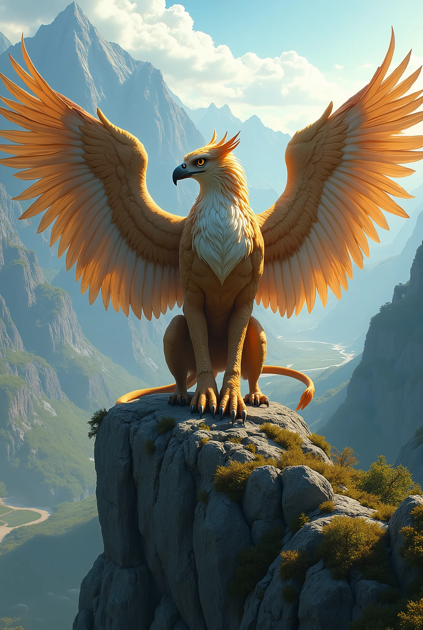 Griffon spreading wings on cliff, griffon, eagle head and wings, lion lower body, furry fantasy art, mythical creature, griffin-like style, flying mythical creature, 4K fantasy art, spectacular fantasy digital art style, symmetrical spectacular fantasy art, amazing wallpaper, spectacular fantasy art style, realistic fantasy artwork, mythical creatures, high quality fantasy art, spectacular fantasy digital art