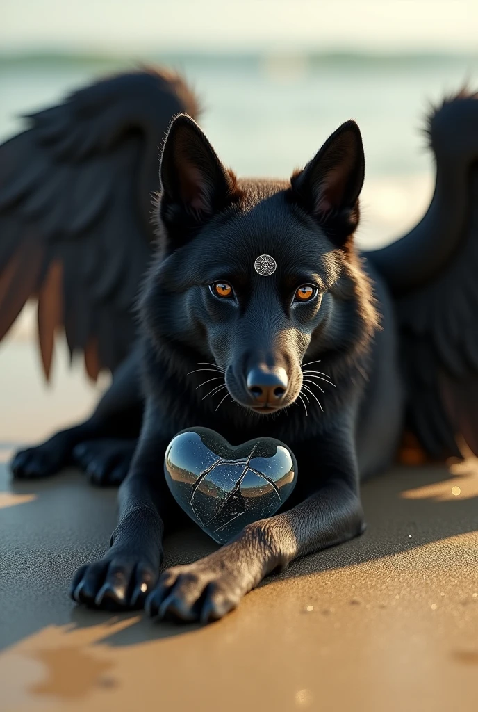 Black Siberian Husky wolf with wings lying on a beach.
Brown eyes and sad look.
 A seal of a small sun on the forehead.
And a little broken glass heart in my chest .
tatoo