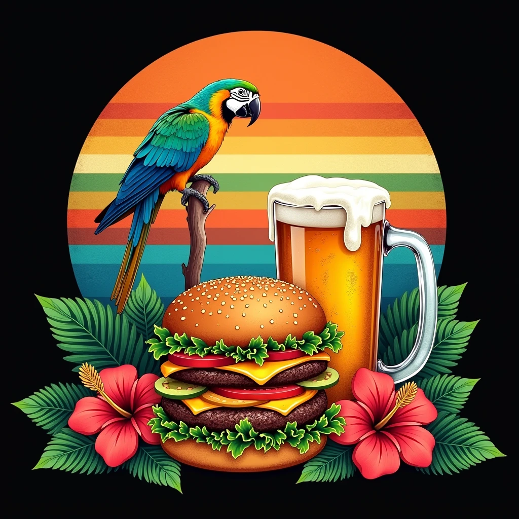 black background,realistic,design featuring a detailed illustration of a cheeseburger with all the fixings, next to a frosty mug of beer. Set the cheeseburger against a semi-circle background of horizontal stripes that resemble a vintage sunset. Use vibrant colors orange,beige,red,green,yellow,blue for the stripes, with a slightly worn,textured effect create contrast.surrounded by lush tropical plants like palm leaves and hibiscus flowers.The overall styleblend realistic illustration with retro inspired.Include a colorful parrot perched among the foliage to enhance the island vibe.set as blackground