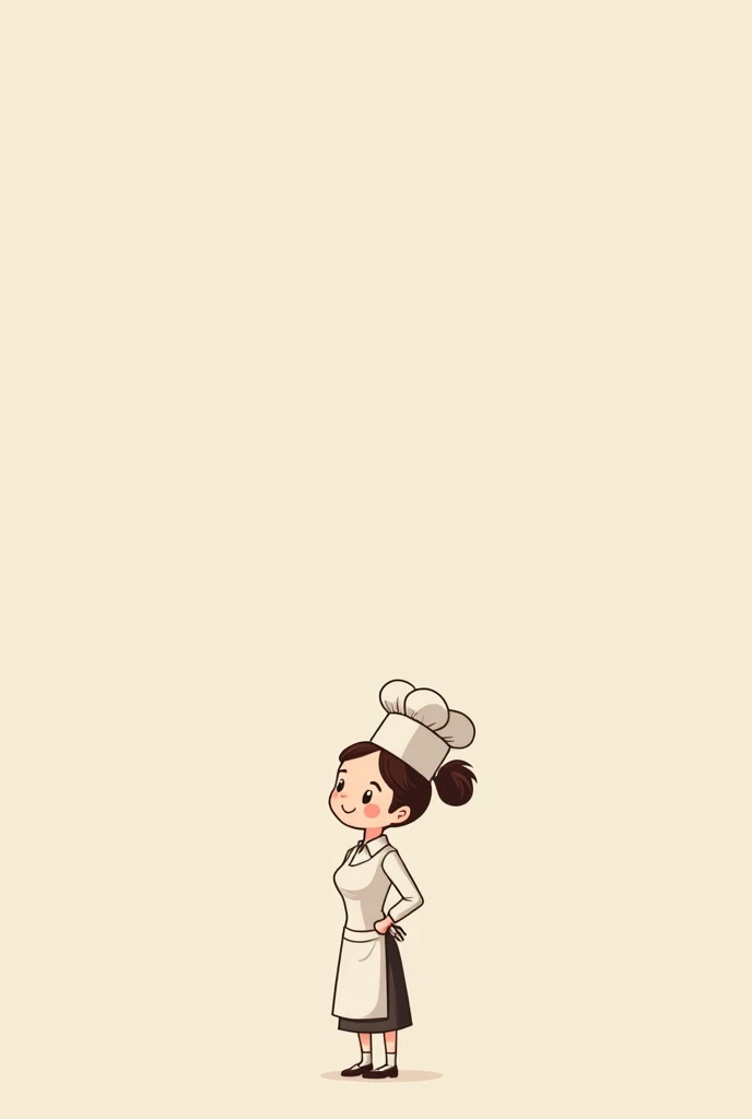 Minimalist cartoon of a woman pastry chef, looking calm, smiling and happy. Its appearance is small and cute.. With a ponytail in her hair
