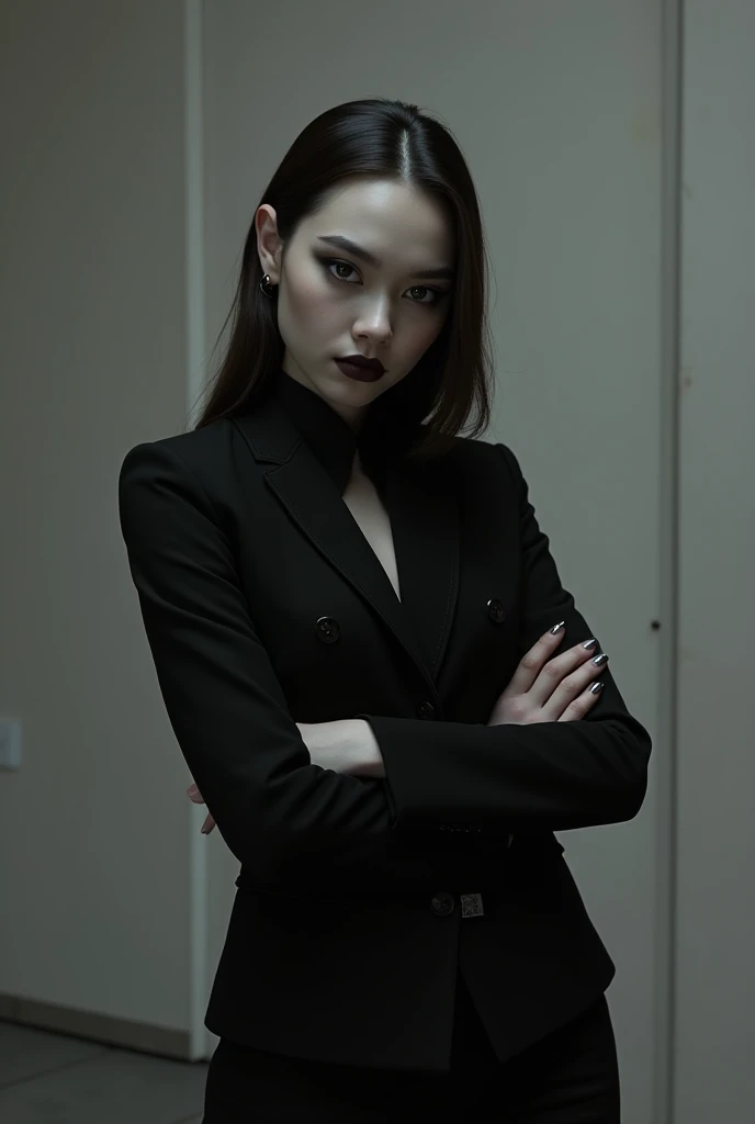 A teenager with the physiognomic features of Elsa and Merlina Adams, sitting with arms and legs crossed, with shoulders straight, looking to the left, showing superiority and apathy with his serious expression