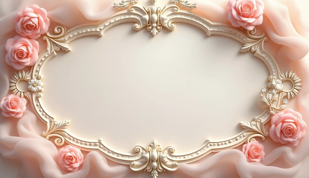 A hyper-realistic photo of a light pink, beige and cream elegant templates design with a touch of sophistication to combine Victorian charm with Shabby Chic style, decorated with elegant sheer chiffon, antiques, baroque and gem stones, UHD, 8K resolution, masterpiece, high detailed. Ultra-realistic.