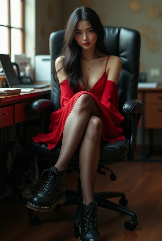 A beautiful chinese girl, detailed facial features, black hair, sitting with crossed legs, red dress, visible underwear, cross legs, office settings, secretary, legs in dark pantyhose, view from below, bottom shoe sole visible, bottom of shoe visible. Bottom of shoe dirty. Wearing boots. Camera looking up. 