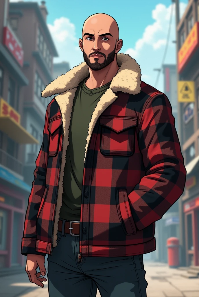 Tall Man, young, shaved hair, Checkered lumberjack jacket with sheepskin, anime, short beard, Whole body