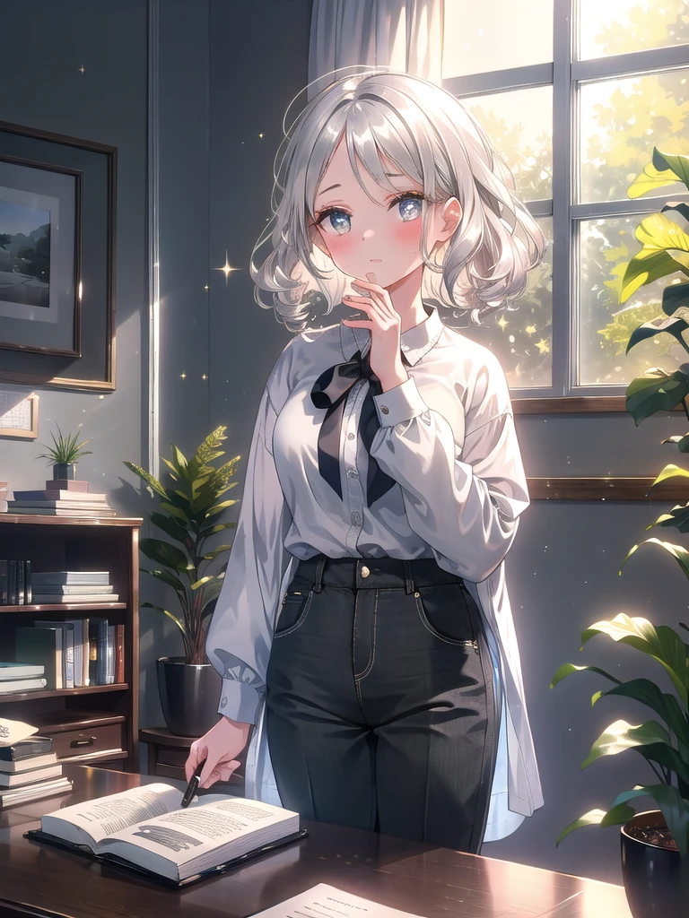 ((8k, Best Quality, Masterpiece: 1.3)), Ultra High Resolution, (One Girl, One Person), (Color Changing Eyes, Super Detailed, Expressive Sparkle, Sparkling, Glowing Eyes), Highly Detailed Eyes, In a modern, stylish living room, illuminated by the warm glow of afternoon sunlight streaming through the window, a girl with short silver hair sits at a desk, completely engrossed in her studies. Her short, smooth silver hair frames her face with soft curls and bangs that gently touch her forehead. Her large gray eyes are sharply angled, creating a severe and intense look. Her expression is strict and focused, with a subtle blush on her cheeks adding a touch of endearing quality. She wears a casual, modern outfit including a loose-fitting shirt and high-waisted trousers. At the desk, she is making notes and reviewing materials from an open book, with study papers scattered around her. The room’s minimalist decor and a few potted plants contribute to a calm and productive atmosphere.

