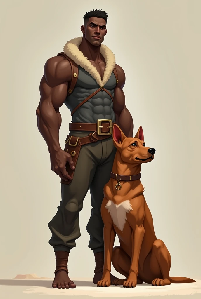 A tall dark-skinned boy, like a hero, next to a brown dog
