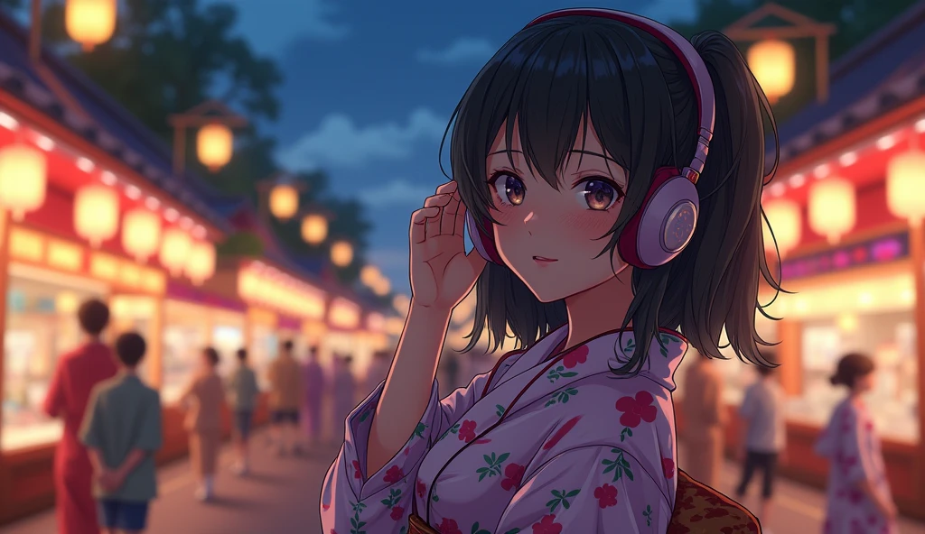 Perfect image, 8k、summer、night、high school girl、Mature、yukata、Big Breasts、looks fun、smile、Using headphones、festival、stall、 2D-style animation, Lo-Fi、Retro、Emotional、Anime style illustrations