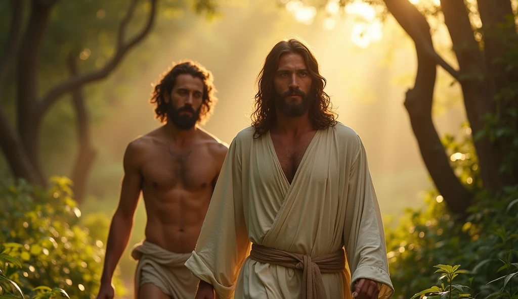 Descreva uma imagem de Jesus Christ walking in the enchanting garden of Eden with Adam, emanating a divine aura and looking directly into the camera with a penetrating and compassionate gaze. The scene around him radiates a sense of serenity and transcendence, com cores suaves e uma atmosfera celestial. Highlight the details of the expression on your face, the sparkle in your eyes and the sense of peace and grace that your presence radiates in this sacred moment, 32K UHD, Style Raw, Afternoon sun, warm tone, cinematic