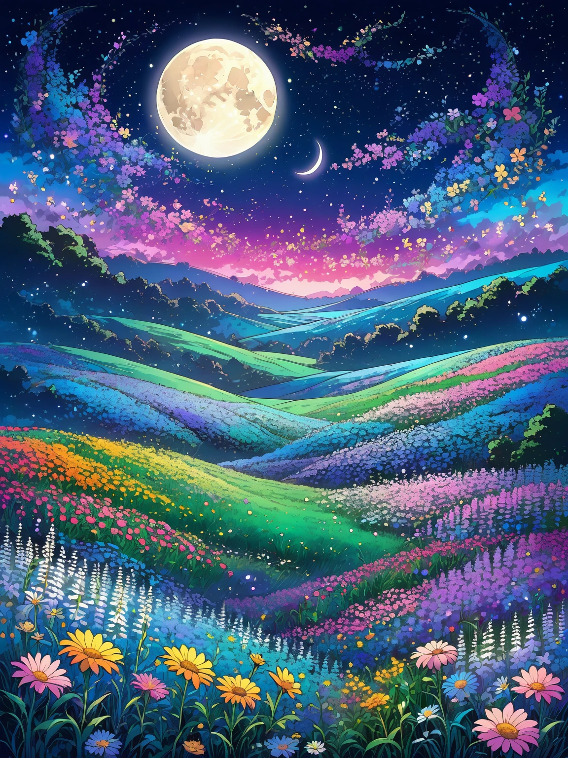 Classic anime style image of a field of flowers of different types and many colors. On a star-filled night, the crescent moon magically illuminates the scene.. Super detailed image of very high quality. Very vivid saturated colors. More realistic interpretation of the crescent moon.