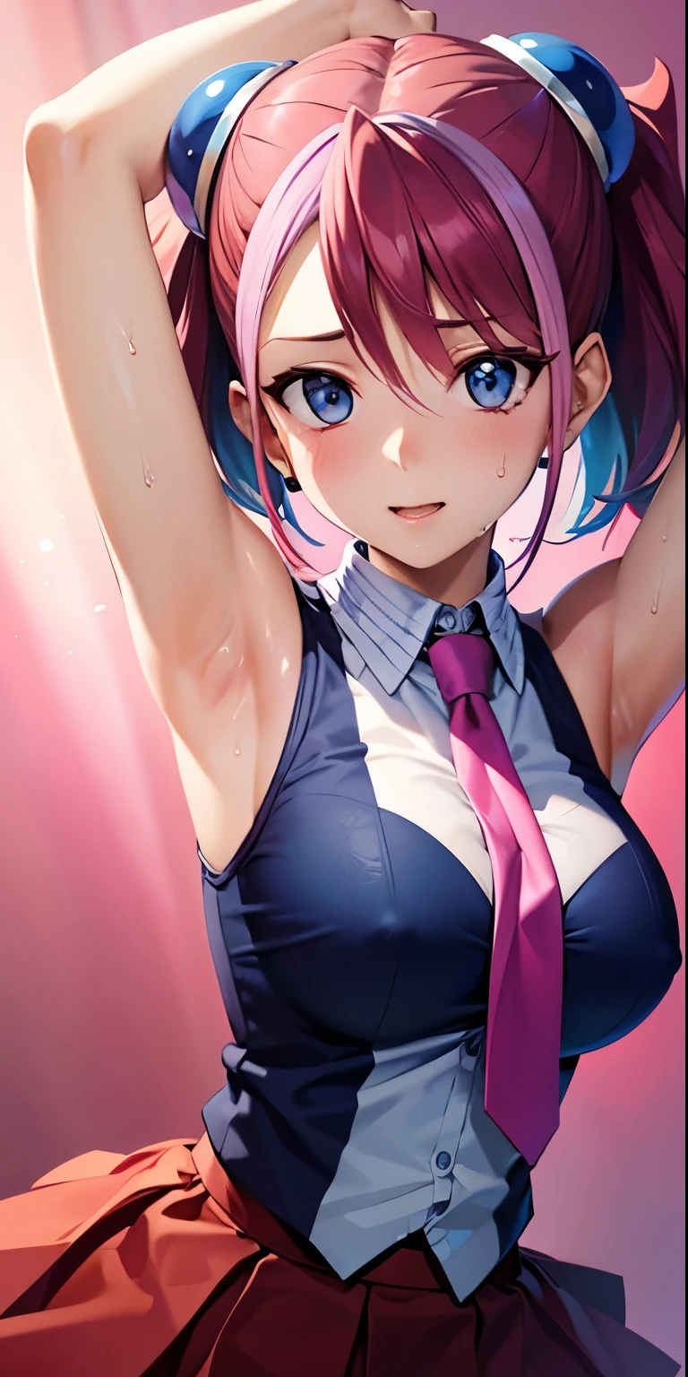 1 Female,High definition,high resolution,Ultra-realistic,8K, hy1, hair ornament, multicolored hair, necktie, skirt, sleeveless, , pink skirt, tight skirt,miniskirt, jewelry,European,sexy,Upper body close-up,Photographed from the front,Dynamic Angles,blush, medium tits, happy, wink the eye,facial, sweat,multicolored hair ,  arms up,arms together 