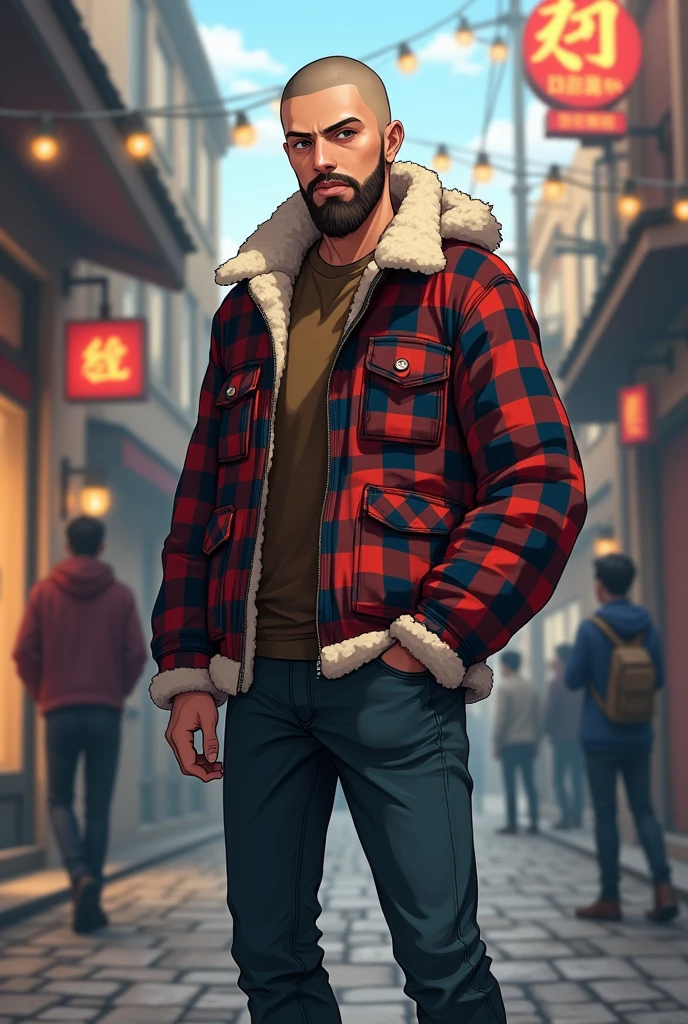 Tall Man, young, shaved hair, Checkered lumberjack jacket with sheepskin, anime, short beard, Whole body