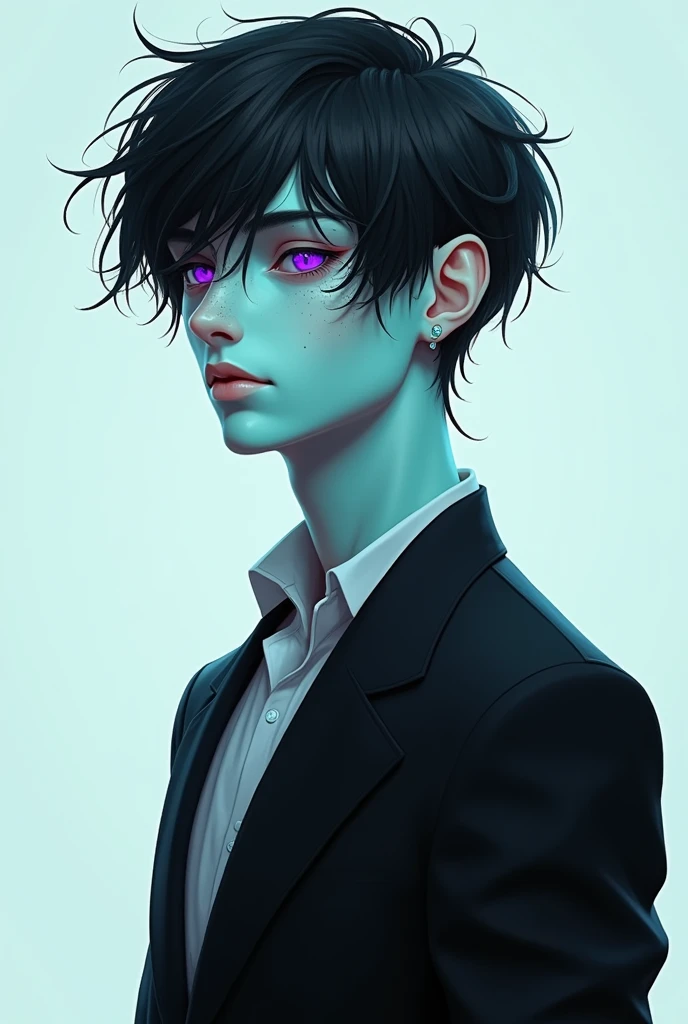 Digital art style, 20 year old boy, Alien, turquoise blue skin, with small freckles on the body and white face, short, disheveled black hair, deep purple eyes, slim and marked complexion, wearing a black suit that fits his body 