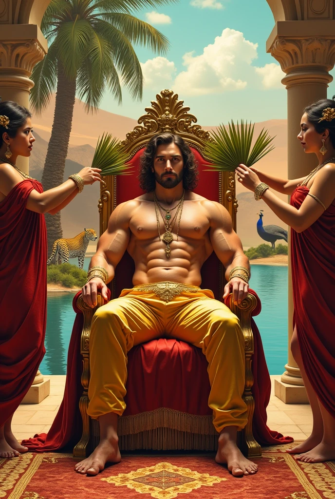 A handsome handsome man without a shirt wearing gold pants sitting on a king&#39;s chair, thin, white skin, in the desert, a desert palm tree behind a lake and a peacock with two leopards at his side, a rug under his feet, two men looking at him, blowing on him with the palm leaf