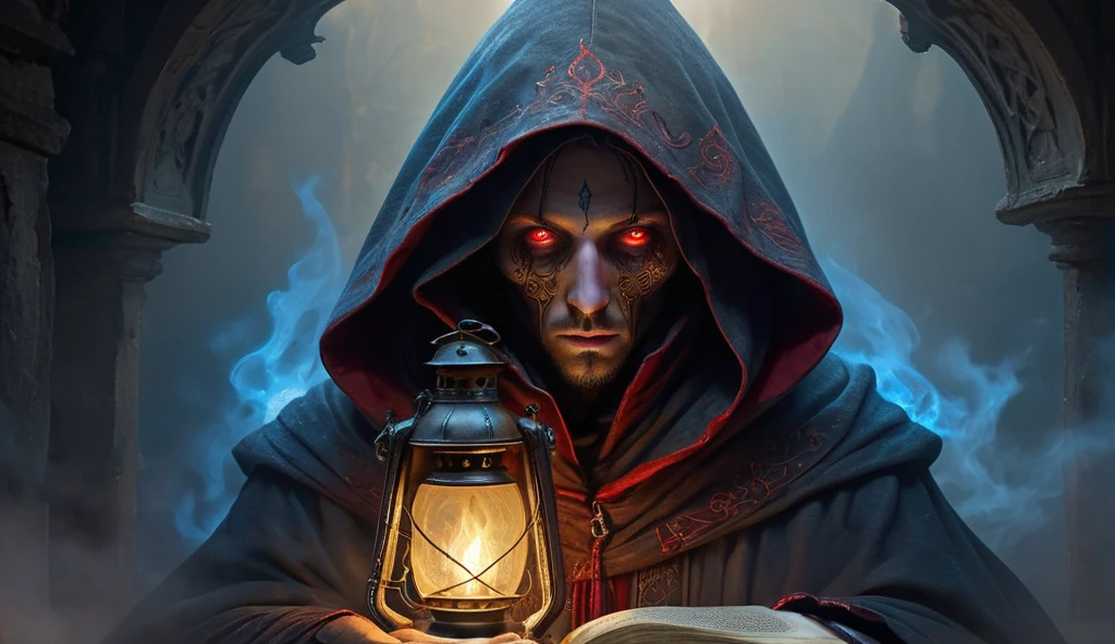 An enigmatic figure with a dark, time-worn cloak and blood-red embroidery details. The figure's face is partially hidden by a deep hood, revealing only piercing yellowish eyes. The figure holds an old lantern with blue flames and an ancient leather-bound book with indecipherable inscriptions. The background is a dense and spectral mist.