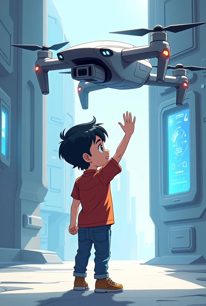 A Boy standing lifting his hand halfway, with a drone, in a technological background. Make it a 2D photo anime style