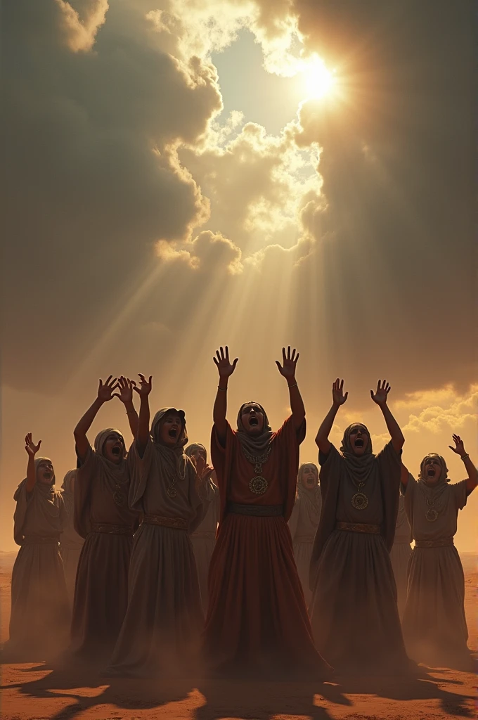Draw an emotional scene depicting a group of people with their hands raised near their faces, crying in fear, against a desert backdrop with the sun overhead a dramatic sky that has dark clouds and sunlight penetrating, inspired by elements of Middle Eastern culture. 3d models