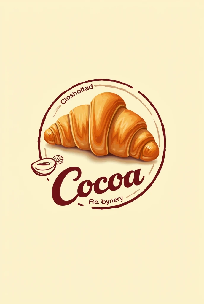 I need to create a logo with realistic bakery texture "cocoa":
Logo Concept Central Element: A stylized croissant with a soft contour, placed in the center of the logo. The croissant can be in a golden yellow hue, representing the freshness and warmth of freshly baked bread.
Typography: Name "cocoa" It will be placed under the croissant with a handwritten font, evoking a handcrafted feel. The word "cocoa" will be in a deep red color, reflecting the passion and energy, as well as creating an attractive contrast with the yellow of the croissant.
Additional detail: On top of the croissant, You can add a small cocoa leaf or a cup of hot chocolate with small red details, hinting at the idea of cocoa and the tradition of baking.
Logo Shape: The set may be enclosed in a circular or stamp-shaped frame., with the border in red and the background in a light yellow tone.
Golden Yellow Color Palette: For the croissant and the base.
deep red: For typography and details such as borders or small decorative elements.
Brown (Optional): For minor details, like cocoa or a cup of chocolate.