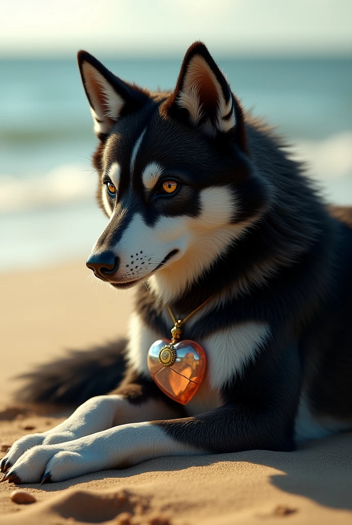 Black Siberian Husky wolf with wings lying on a beach.
Brown eyes and sad look.
A seal of a small sun on the forehead.
And a little broken glass heart in my chest .
tatoo