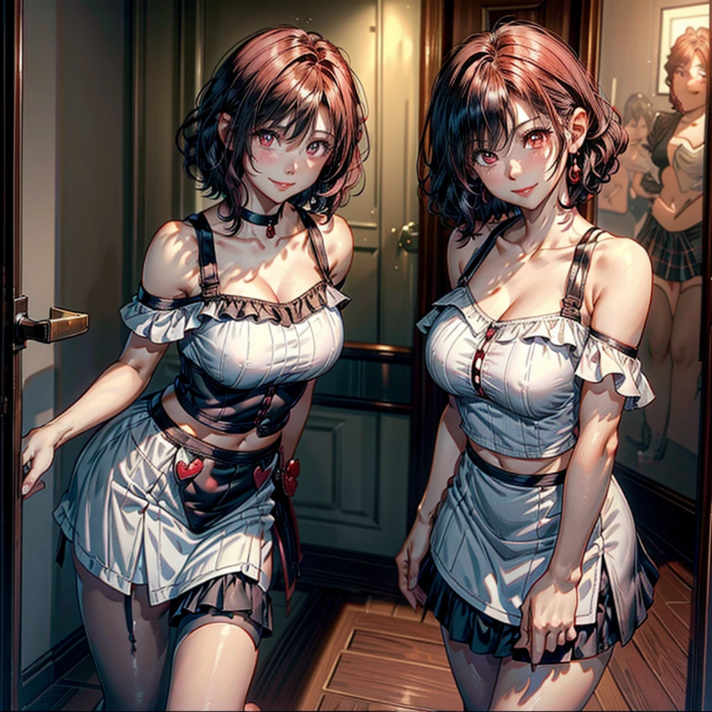 women, short hair color blanco y rizado, Red eyes, short black skirt, (Curly hair), (short hair),(by white)light pink off the shoulder blouse, mischievous smile, flirtatious smile, Broad smile, mischievous face, chest a little big, standing, leaning on the entrance of a door, looking at the viewer, blush.