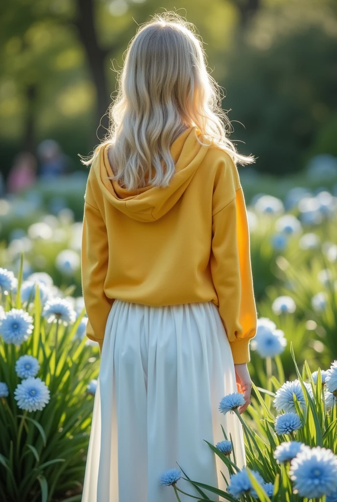 cinematographic scene of a beautiful adult blonde girl with a yellow hoodie, and a long white skirt with sky blue flowers, in a garden, very realistic 4k image