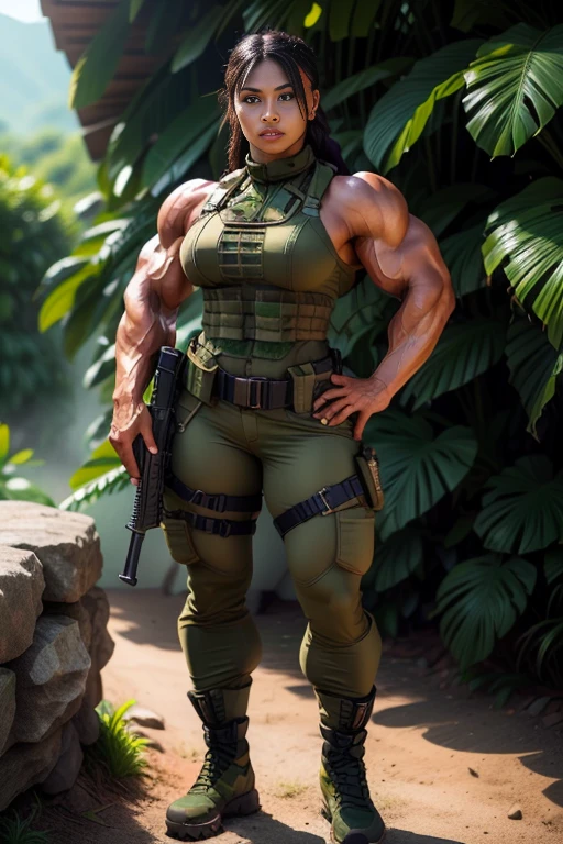 Photorealistic, high resolution, 1 malay woman wearing a green beret, Solo, Hips up, Battlefield background,view the viewer, (Detailed face), braided hair, wearing a green beret and a special team logo, SWAT vests, airborne logo on the chest, sniper rifle handle, camouflage combat suit, Camoflage military uniform, SWAT Boots, bulletproof vest, Holding an assault rifle, M16, Inside the jungle of Royal Belum, Very detailed, Perfect face, Black eye, jewelry, (full body view), Lifelike, masterpiece, HDR, 4K