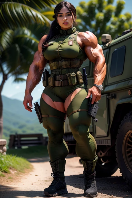 Photorealistic, high resolution, 1 malay woman wearing a green beret, Solo, Hips up, Battlefield background，view the viewer, (Detailed face), braided hair, wearing a green beret and a special team logo, SWAT vests, airborne logo on the chest, sniper rifle handle, camouflage combat suit, Camoflage military uniform, SWAT Boots, bulletproof vest, Holding an assault rifle, M16, Inside the jungle of Royal Belum, Very detailed, Perfect face, Black eye, jewelry, (full body view), Lifelike, masterpiece, HDR, 4K