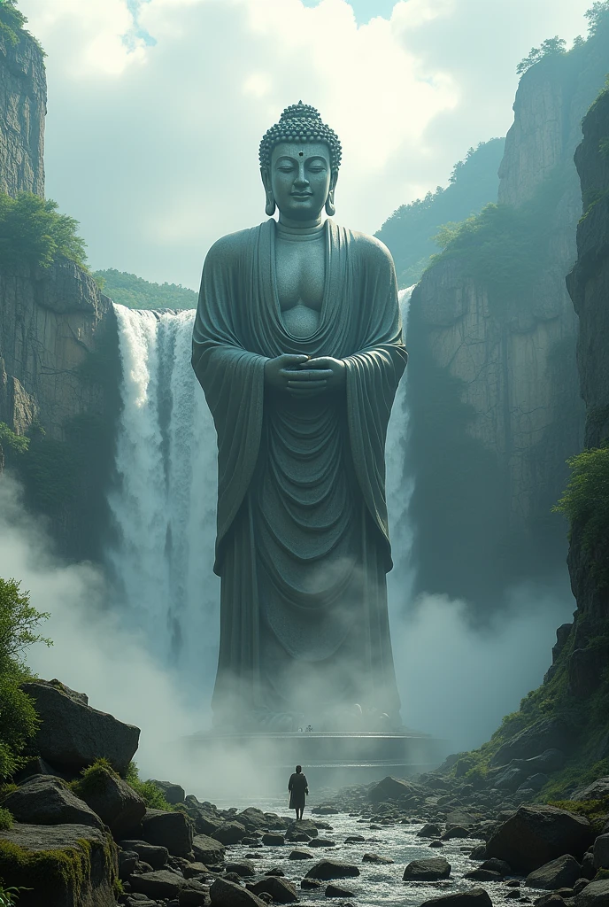 Zoomed-out image of a large ancient Buddha statue on a mountain wall., Between the waterfalls, Surrounded by clouds, view, movie light,People standing in front of a waterfall